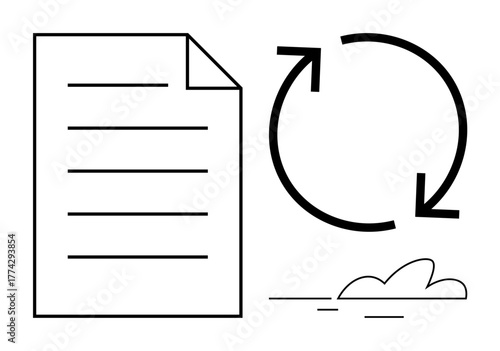 Document outline with circular arrows signifying recycling, renewal, or process flow. Small abstract cloud adds simplicity. Ideal for sustainability, workflow, reusability, process design, resource