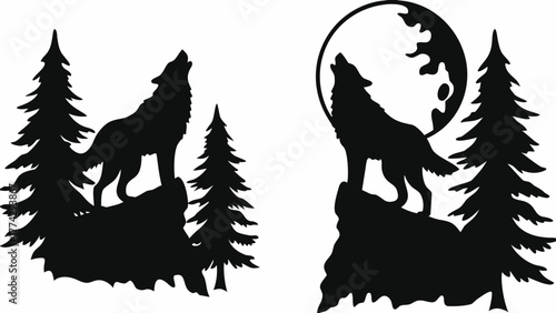 Majestic wolf howling at the moon with pine trees, perfect for wilderness adventures and wildlife themes