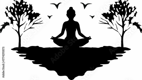 Serene yoga silhouette with trees and birds, capturing mindfulness and tranquility in nature