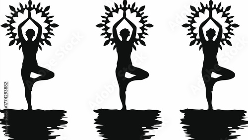 Three silhouettes in tree pose yoga with tree leaves, promoting wellness and balance in a peaceful scene