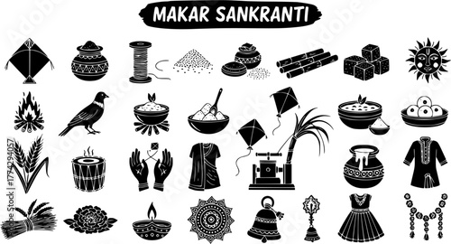 Makar Sankranti Festival Icons Set: Traditional Indian Harvest Celebration Symbols, Cultural Elements for Hindu New Year and Winter Solstice