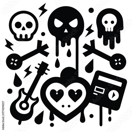 Black and White Punk Rock Skull and Guitar Icons Keywords: skull, guitar, heart, cassette tape