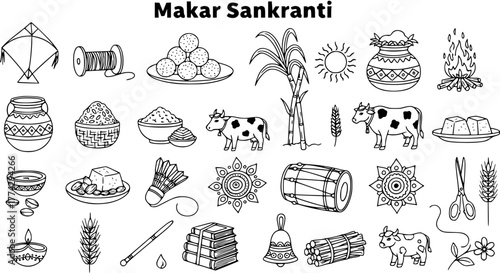 Makar Sankranti Line Art Set: Kite, Laddu, Sugarcane, and More