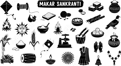 Makar Sankranti Festival Icon Set. Traditional Hindu Harvest Celebration Elements Collection: Kites, Sun, Sweets, Crops, Bonfire, Drums, Cultural Symbols. Black  White Vector Art.