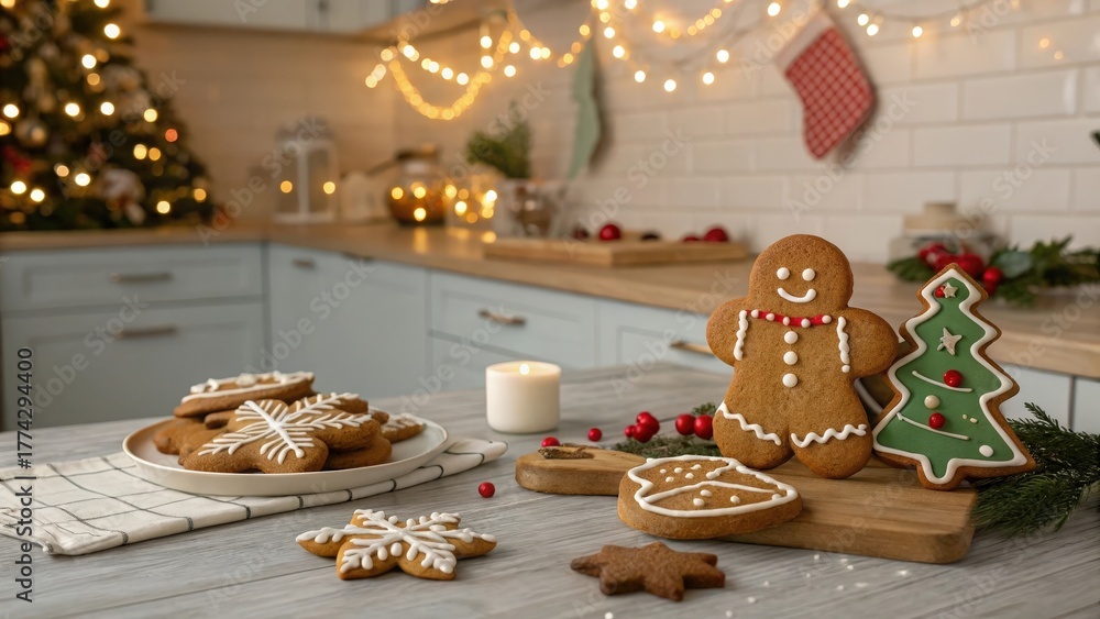 Naklejka premium Delicious decorated gingerbread cookies resting on a rustic wooden table in a warm festive kitchen illuminated by string lights