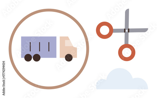 Freight truck inside circle representing transportation, with scissors symbolizing cost reduction and a small cloud accent. Ideal for logistics, shipping, efficiency, cost-saving, business planning