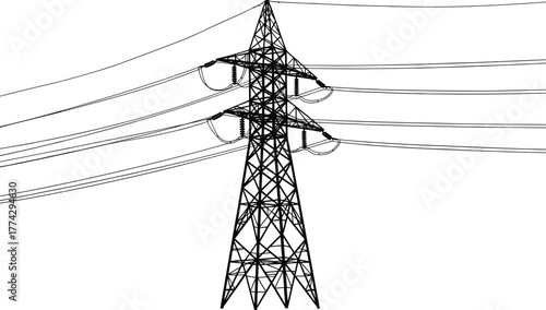 Black-and-white transmission tower illustration with insulators and power lines, representing high-voltage electricity infrastructure and energy distribution system