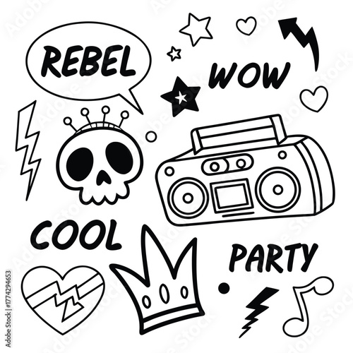 Doodle elements with skull boombox and rebel speech bubble