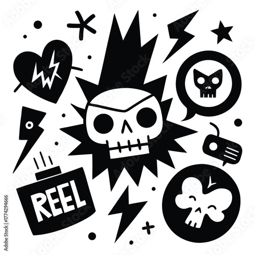 Edgy Skull and Reel to Reel Tape Doodle Elements Keywords: skull, reel to reel, tape, lightning