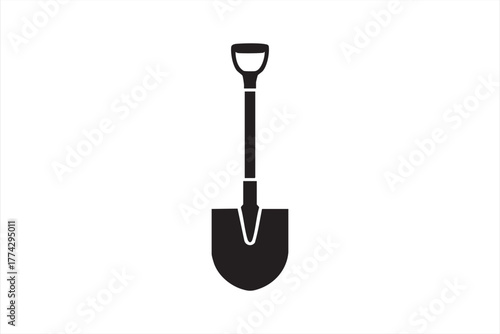 Black and white silhouette icon of a shovel symbolizing gardening and construction tools
