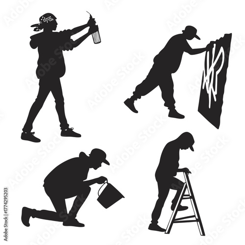 Graffiti artists creating art with spray paint and buckets