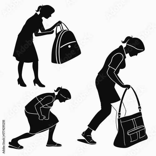 Three women silhouettes carrying bags woman female