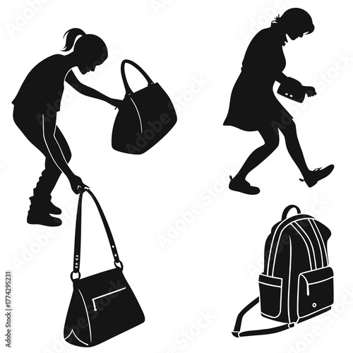 Silhouettes of women with handbags and backpack woman