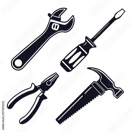 Dark Silhouette Tools Including Wrench Screwdriver Pliers and Saw