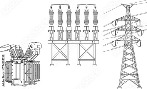 Electrical infrastructure illustration showing transformer, circuit breakers, and transmission tower for high-voltage energy distribution and power system design