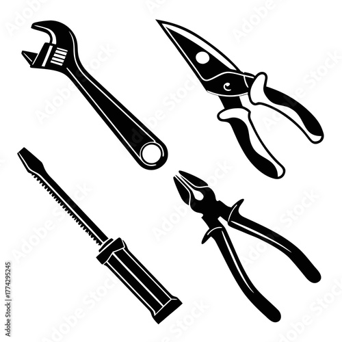 Black silhouette of four hand tools on white background