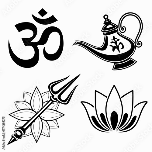 Om symbol lotus flower trident and magic lamp hinduism