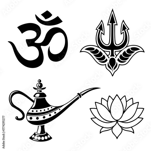 Om symbol trident magic lamp lotus flower black and white