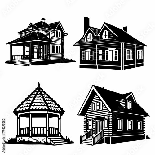Four black and white house and gazebo illustrations