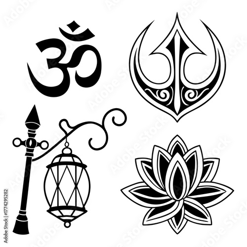 Om symbol trident lotus lantern graphic elements lotus flower