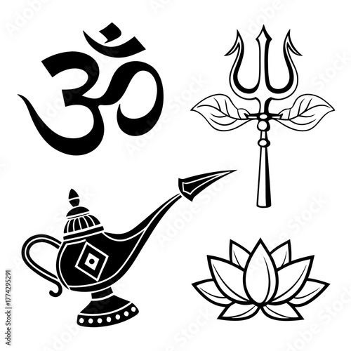Om symbol trident oil lamp and lotus flower hinduism