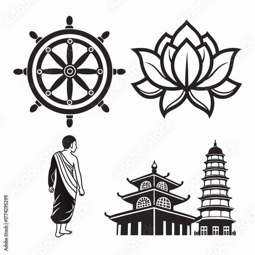 Buddhist symbols monk lotus pagoda dharma wheel lotus flower