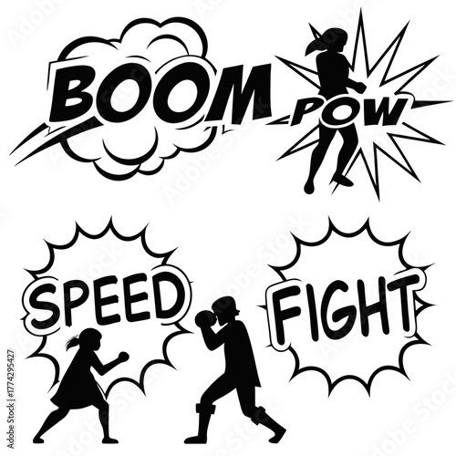 Comic book style action words and silhouettes boom