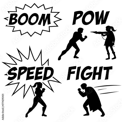 Comic book action silhouettes with sound effects boom