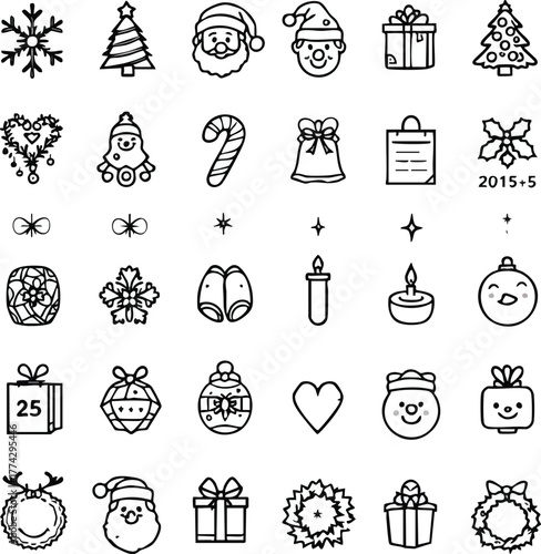 Christmas icon pack with outlined festive symbols including Santa, gifts, snowflakes, trees, and ornaments