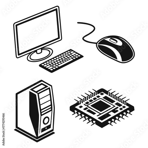 Black and white computer components isometric icons