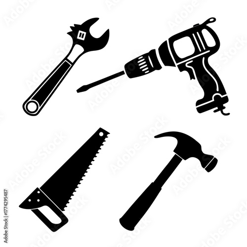 Black silhouette of tools including drill hammer saw wrench