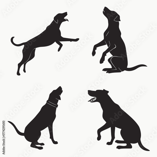 Four black dog silhouettes in various poses white background