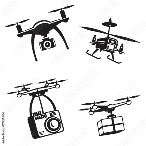 Four drone illustrations with camera and package quadcopter