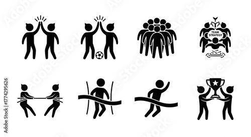Black Silhouette Figures Celebrating Teamwork Victory and Success in Various Sports.