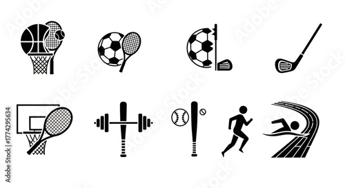Black Sports Icons Basketball Tennis Soccer Golf Running Swimming Baseball Weightlifting.