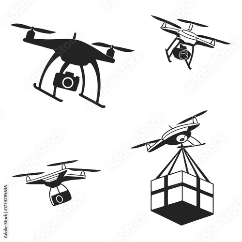 Four black drone silhouettes with cameras and cargo