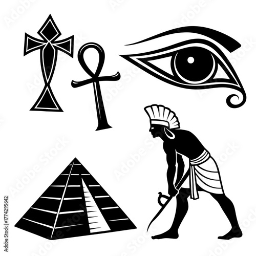 Egyptian symbols ankh eye pyramid pharaoh silhouette
