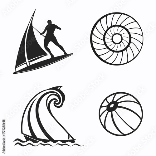 Black silhouette windsurfer wave nautilus shell beach ball