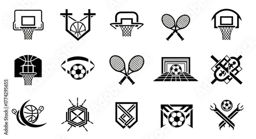 Collection of Black and White Sports Icons Basketball Tennis and Soccer.