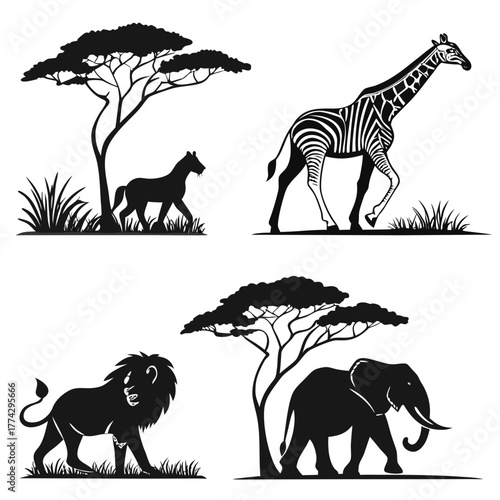 African savanna animals and trees silhouette collection