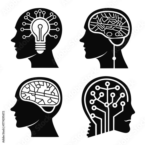 Four black silhouette heads with internal brain circuits