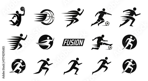 Dynamic Black and White Sports Silhouettes Depicting Various Athletic Actions.