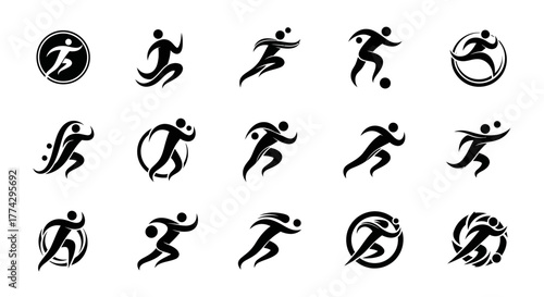 Dynamic Black Runner Logos in Various Poses Sport and Fitness Concepts.