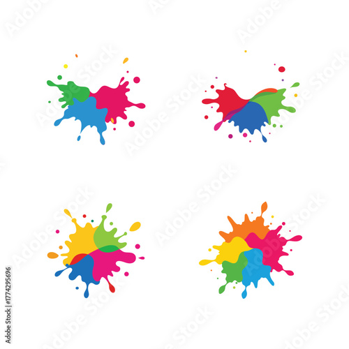 Four Vibrant Paint Splatter Logos in Different Color Combinations Keywords: paint splatter, ink splash, color splash, abstract, logo, design