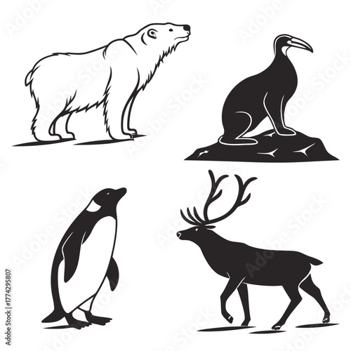 Polar bear penguin reindeer and bird silhouettes animal