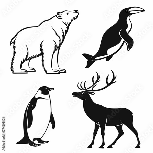 Polar bear penguin and reindeer silhouettes animal