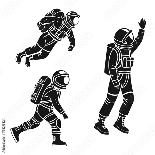 Three astronauts in black and white suits in various poses