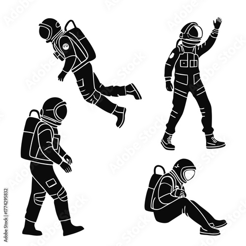 Four black silhouette astronauts in different poses