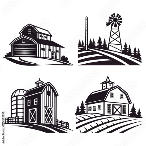 Four black and white farm scenes with barns and windmills 1