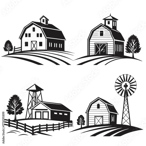 Four black and white farm scenes with barns and fields